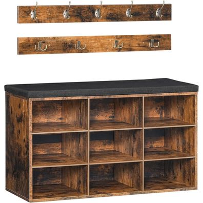 HOOBRO Garderobe Schuhbank 9 Fächer, Wandgarderobe 9 Haken, Vintagebraun