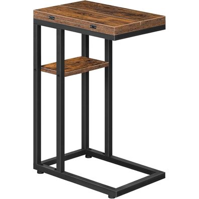 HOOBRO C-Form Beistelltisch Klappbarer Sofatisch mit Lagerregal Dunkelbraun