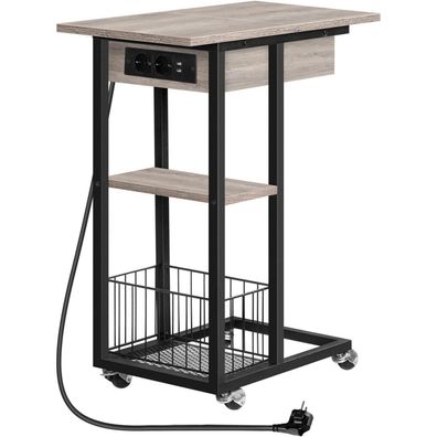 HOOBRO Beistelltisch Ladestation C-Form Sofatisch Räder Ablage Greige-Schwarz