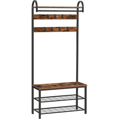 HOOBRO Garderobe mit Schuhregal und Sitzbank, 182 cm hoch, vintagebraun-schwarz