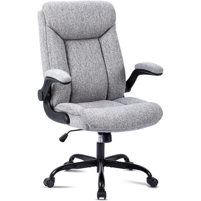 Ergonomischer Bürostuhl mit hochklappbarer Armlehne, grauer Stoff