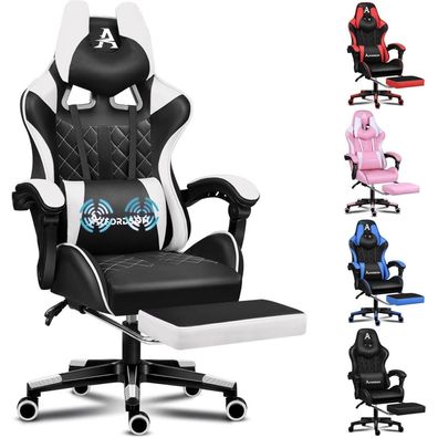 Gaming-Bürostuhl mit Fußstütze, Lendenkissen, Neigungsverstellung, Ledersitz