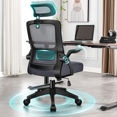 Ergonomischer Bürostuhl mit Lordosenstütze, neigbar, Armlehne, Grau-Dunkelgrau