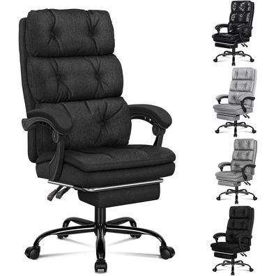 Bürostuhl mit 150° Neigung, 360° Drehung, Fußstütze, Leinenstoff, Schwarz