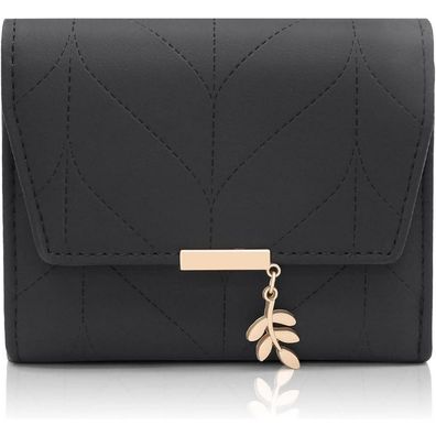 Damen Geldbeutel Vegan Leder Mini Portemonnaie mit Münzfach Schwarz
