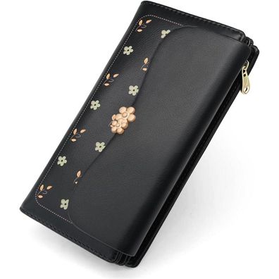 Damen Geldbörse Groß Langformat PU Leder Viele Fächer Zipper Münzfach Schwarz