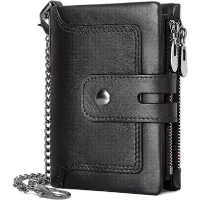 Herren Geldbörse RFID Leder Slim Portemonnaie mit Kette Schwarz
