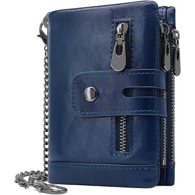 Herren Geldbörse RFID Schutz Ledergeldbeutel Kette Navy Blau