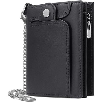 Herren Geldbörse RFID Schutz Echtes Leder mit Kette Schwarz