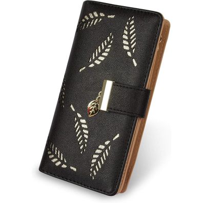 Damen Geldbörse Hohl Blatt Muster Leder Bifold Lang Schwarz