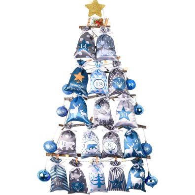 Adventskalender zum Selbstbefüllen Blau Grau Stoff 24 Stoffsäckchen Groß 12x20cm