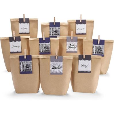 Adventskalender zum Befüllen 24 Weihnachtskalender Kraftpapier Blau Grau