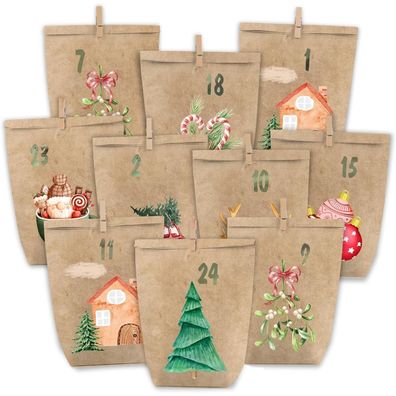 Adventskalender 24 Weihnachtskalender Papiertüten Selbstbefüllen Aquarellätzchen