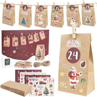RUBY Adventskalender 24 DIY Tüten Aufkleber Weihnachten Kinder Jute Holzklammern