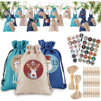 Adventskalender 24 zum Befüllen Jutesäckchen Weihnachten Geschenktüten Kinder