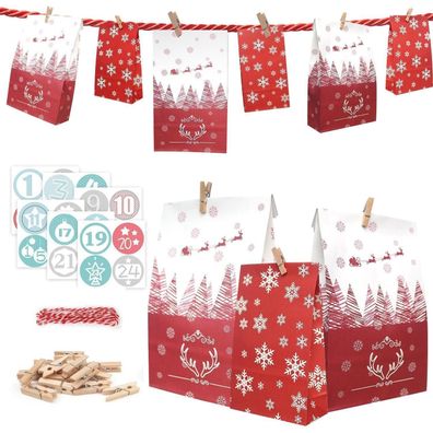 24-teiliger DIY Adventskalender 2024 zum Befüllen in Rot & Dunkelrot