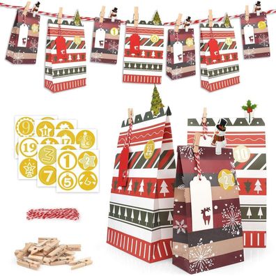 Adventskalender 2024 zum Befüllen Groß Geschenk Papiertüten Rot Grün