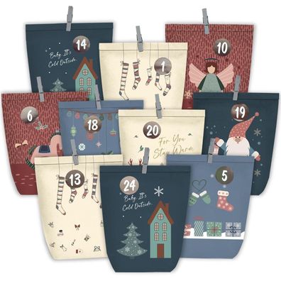 Adventskalender 24 Weihnachtstüten Bastelset Blau Selbstbefüllbar