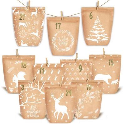 Adventskalender DIY Weihnachtswald Kraftpapiertüten 24er Set