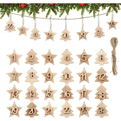 LIHAO Adventskalender Holzanhänger 24 Zahlen Weihnachtsbaum Deko Countdown