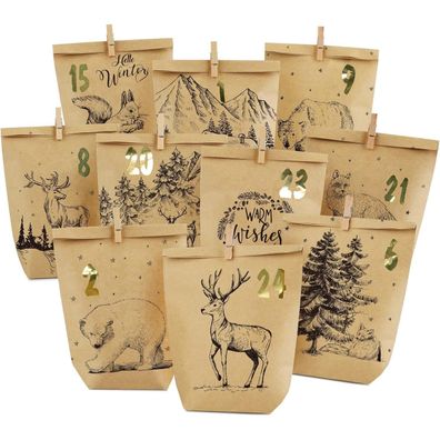 Adventskalender DIY zum Befüllen 24 Kraftpapiertüten Weihnachten Schwarz