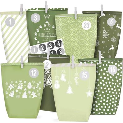 Adventskalender grüne Kraftpapiertüten zum Selbstbefüllen, 24 bedruckte