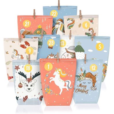 Adventskalender Einhorn Tüten 24 bedruckte Geschenktüten mit Zahlenaufkleber