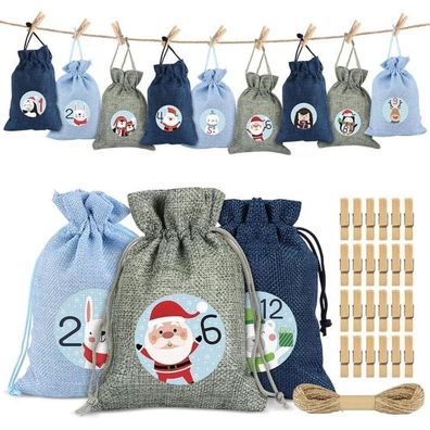 Sprinlot Adventskalender Stoffbeutel 24 Weihnachtskalender Säckchen Blau