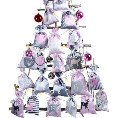 DIY Adventskalender Set 24 Rosa Grau Stoffsäckchen XXL 12x21,5cm