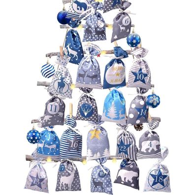 DIY Adventskalender Set 24 Blau Grau Stoffbeutel Weihnachtskalender Jutesäckchen