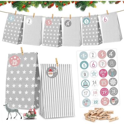 Adventskalender Tüten Grau 24 Papiertüten DIY Weihnachtskalender mit