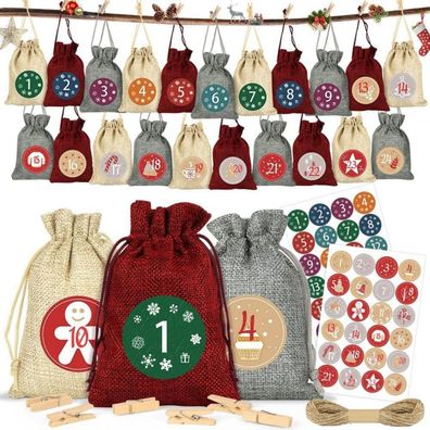 DIY Adventskalender Stoffbeutel 24 Weihnachtszahlen Aufkleber Jutesäckchen