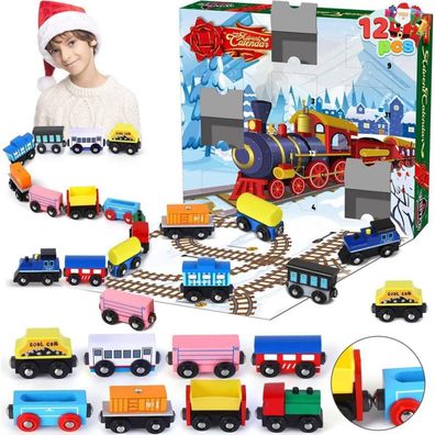 JOYIN Weihnachts-Adventskalender 2024 mit 12 holzigen Eisenbahnwaggons
