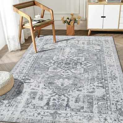 Boho Teppich Kurzflor Waschbar Weich Rutschfest Vintage Grau 160x230cm
