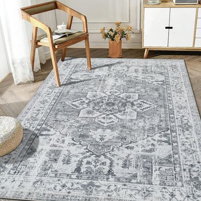 Boho Teppich 120x170 cm Waschbar Vintage Design Grau Weich Rutschfest