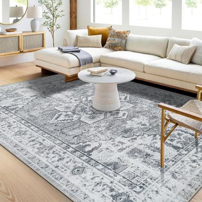 Großer Kurzflor Boho Teppich Vintage Design Grau 200x300 cm - Waschbar
