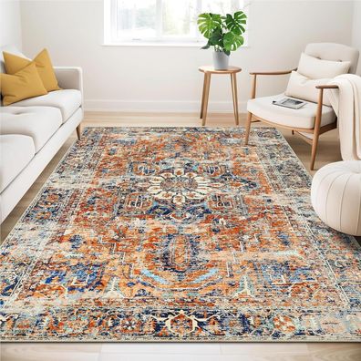 WONGS Bedding Boho Teppich Orange Kurzflor Vintage Design 200x300 cm