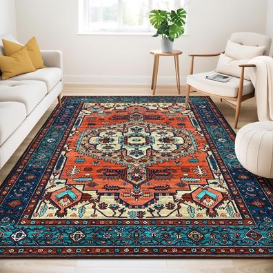 Boho Teppich Wohnzimmer Schlafzimmer Kurzflor Waschbar Rutschfest Vintage Rot