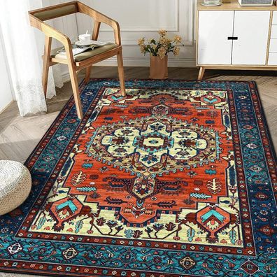 Vintage Boho Teppich Wohnzimmer Schlafzimmer Kurzflor Weich Rutschfest Rot