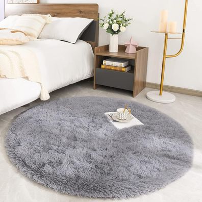 Rohatim Runder Shaggy Teppich Grau 100x100 cm - Flauschiger Bettvorleger