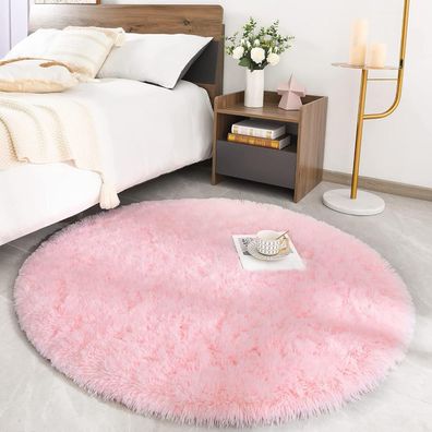 Rohatim Hochflor Teppich Rund Wohnzimmer Rosa 120 x 120 cm
