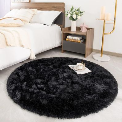 Rohatim Hochflor Teppich Rund Super weich Shaggy Fluffy Schwarz 120 x 120 cm