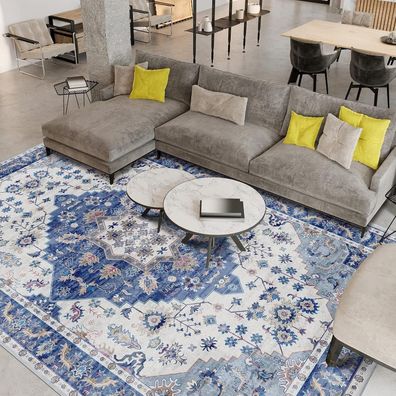 Vamcheer Vintage-Kurzflor Teppich Blau 160x230cm für Wohnzimmer & Schlafzimmer