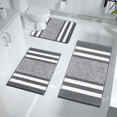 Badteppich Set 3-teilig Weich Hochflor Duschteppich Rutschfeste Badezimmermatte