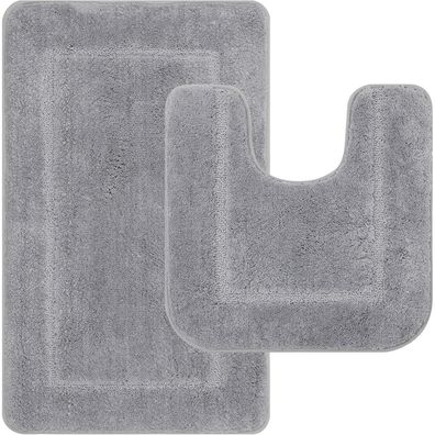 Badematten Set Microfaser Weich Rutschfest Waschbar Grau 53x86 cm + 50x50 cm