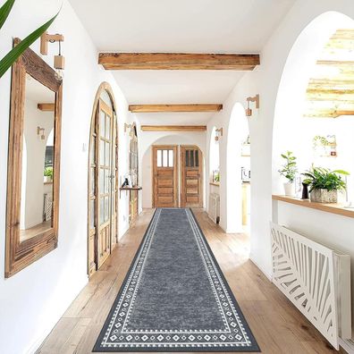 Lang Teppich Läufer 66x300cm Waschbar rutschfest Flur Küchenläufer Grau