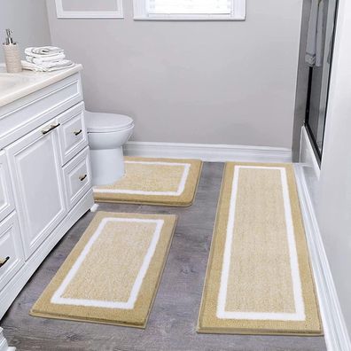 Pauwer 3-teilige Mikrofaser Badematten Set rutschfest Beige 45x65 + 45x120 + U 50x60