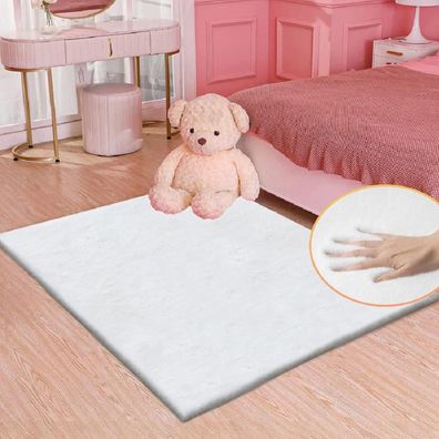Weißer Flauschiger Kunstfell Teppich 90x150 cm Waschbar Kinderzimmer Wohnzimmer
