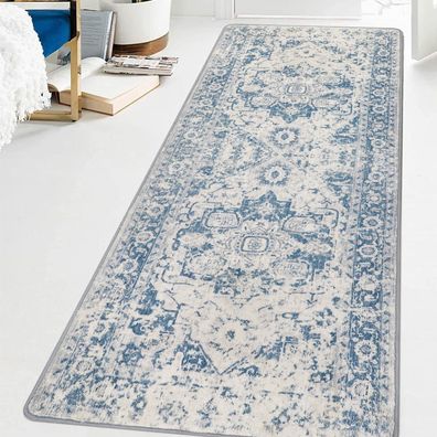 Famibay Teppichläufer rutschfest Vintage Blau 80x200cm