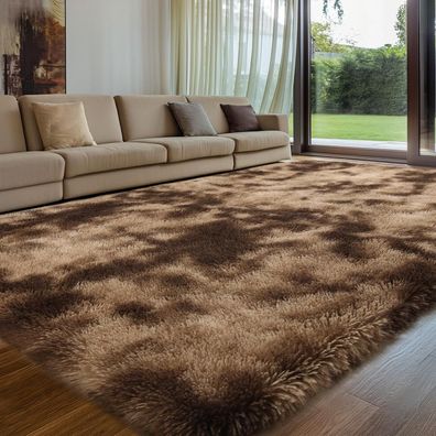 Brauner Hochflor-Teppich 140x200cm Wohnzimmer Schlafzimmer Kinderzimmer